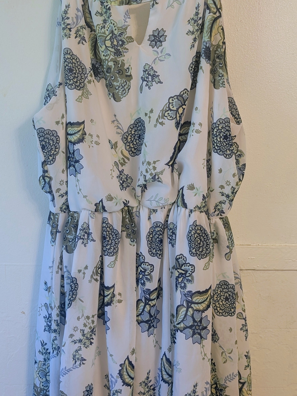 Blue Rain White Dress with Blue and Green Floral Print